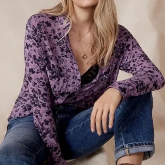 PILCRO Anthropologie Romy Button Down Purple Floral Size XLP - Picture 14 of 14